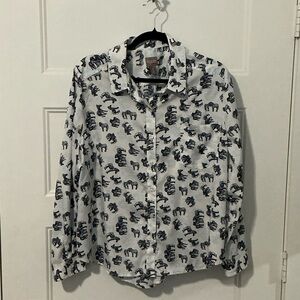 Chico's White and Blue Animal Print Button Down Shirt